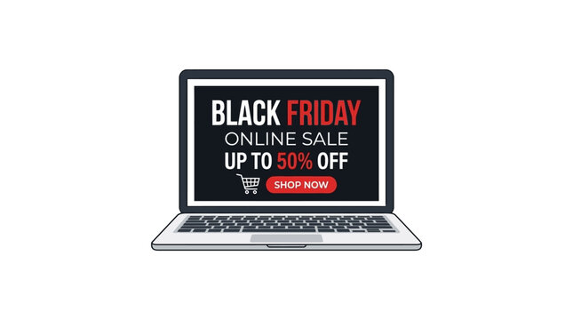 Laptop displaying Black Friday online sale promotion with fifty percent discount