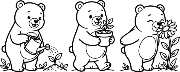 Black and white bear cubs watering plants, carrying a flower pot, and smelling a daisy in garden line art © Royal Ability
