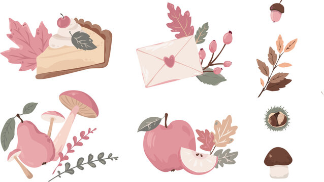 Cute autumn vector set with pie, apple, mushrooms, pear, envelope, and acorns. Perfect for fall stickers, Thanksgiving cards, and seasonal designs.