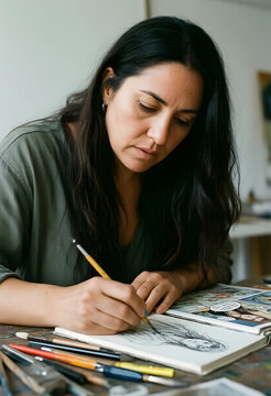 Creative flow and artistic inspiration, woman illustrator drawing comic book characters in a studio workspace with focus and dedication to her craft