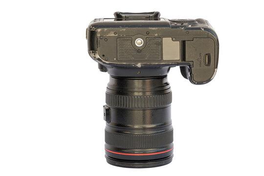 Worn Digital Camera with Lens on White Background