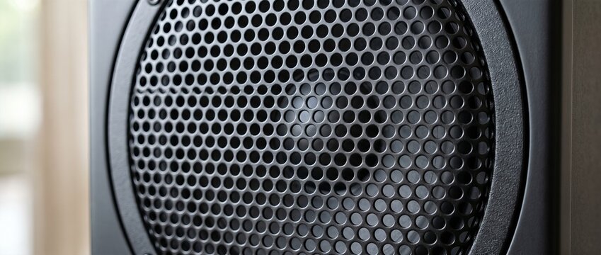 Close-up of a black metal speaker grille mesh with round perforated pattern. Audio equipment front grill detail