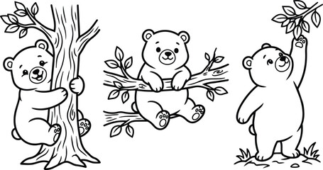 Cute bear cubs climbing trees and balancing on branches in black and white line art © Royal Ability