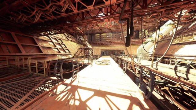industrial atrium with towering curved pipes overhead catwalks, open skylight, sunlit platforms, coiled cables, safety railings, tensile supports, echoing
