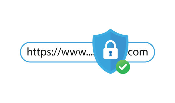 Secure website address bar with a blue shield icon and a padlock symbol indicating a safe and encrypted connection vector