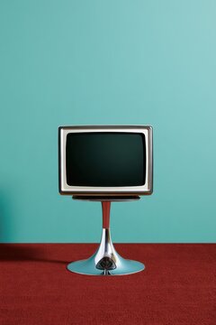 Retro turquoise interior with vintage television on chrome stand for nostalgic poster, background and media design