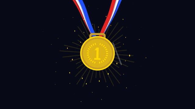 Animated golden first place medal with red, white, and blue ribbon and sparkles for winner success gold medal