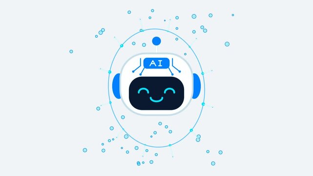 Cute ai robot head with orbiting digital particles and glowing data network animation background, artificial intelligence