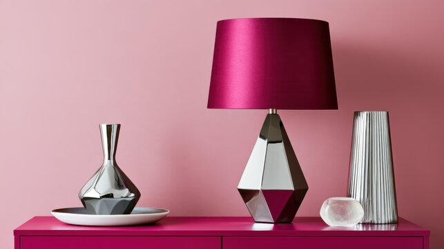 Pastel pink interior with chrome vases and magenta lamp on fuchsia console for decor styling, product display and background design