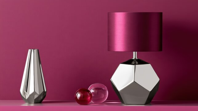 Modern burgundy interior decor vignette with geometric metallic lamp, cone vase and glass spheres for design mockup, background, product display and interior styling