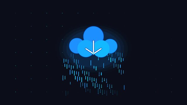 Blue cloud downloading data animation with falling binary code and arrows on dark digital background