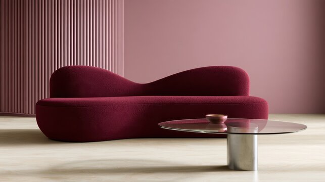 Curvy burgundy sofa composition with glass coffee table and ribbed column for interior design, lounge styling, background and furniture mockup