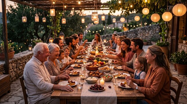 Happy extended family gathering outdoors for dinner around a long rustic wooden table illuminated by warm glowing string lights during a beautiful summer evening