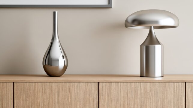 Metallic decor still life on wooden sideboard in neutral interior for design background and product styling