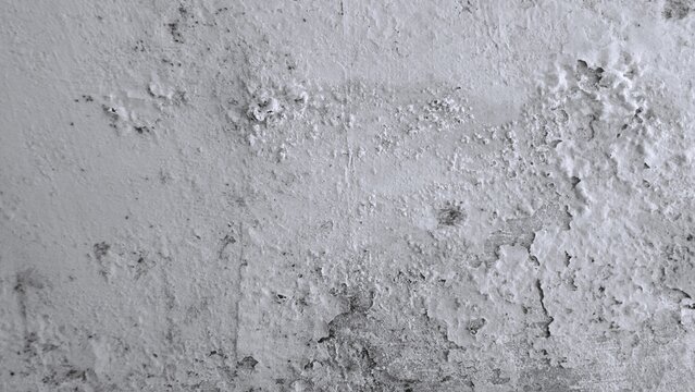 Monochrome white wall with vertical paint strokes, chipped plaster, cracks and exposed underlayers, creating a distressed architectural texture.