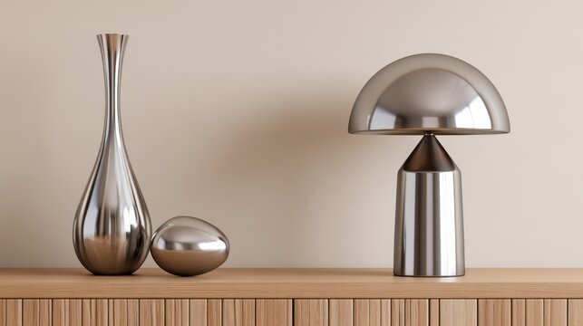 Chrome decorative objects arrangement on wooden sideboard in neutral modern interior for product styling and background design