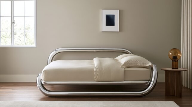 Contemporary chrome bed with beige bedding in minimal bedroom interior for interior design background and lifestyle staging