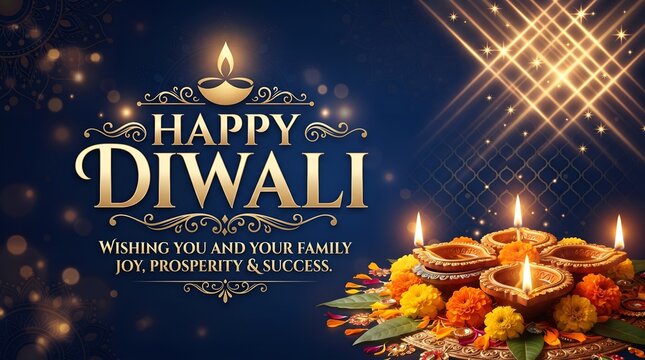 Elegant happy diwali background banner with lit diya lamps and golden geometric sparkles on dark blue surface diya lamp festival of lights oil lamp ... S