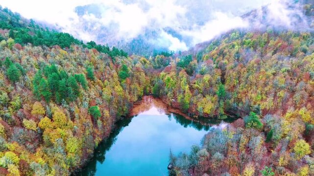 A lake with clear blue water nestled amidst mountains and dense forest during autumn. The trees display a beautiful gradient of colors, ranging from green and yellow to orange and red. 