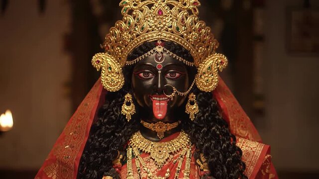 Kali puja celebration with goddess kali deity and burning candles