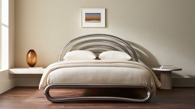 Minimal neutral bedroom interior with chrome arched bed frame, beige bedding and wooden floor for interior design, home decor, website background