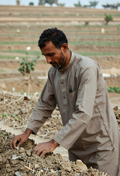 Sustainable agriculture and food security, farmer working in dry soil field for crop cultivation and rural development in a traditional farming landscape