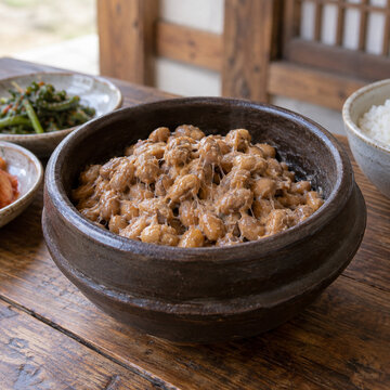 Cheonggukjang fermented soybeans in a rustic bowl