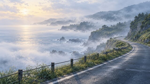 海霧の岬道風景