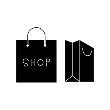 This is a minimalist vector illustration of a Shopping Bag icon, featuring a simple, clean, and solid glyph style. The icon can be used as a symbol, sign, or logo.
