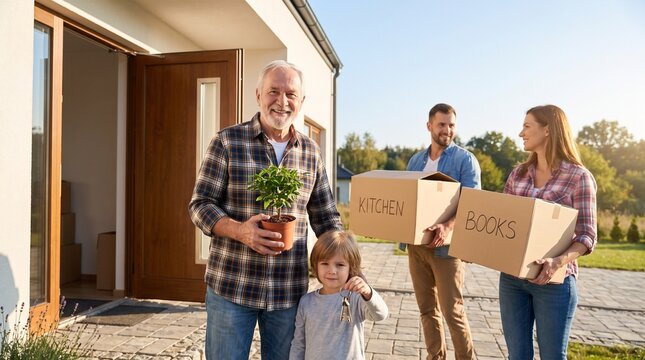 Happy multi generational family holding moving boxes and house keys standing proudly outside their newly purchased suburban home during a bright sunny afternoon
