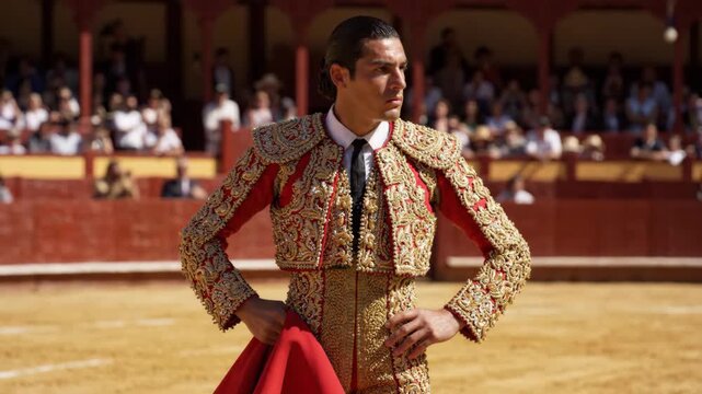 A confident matador in traditional red and gold "traje de luces" in a bullring.