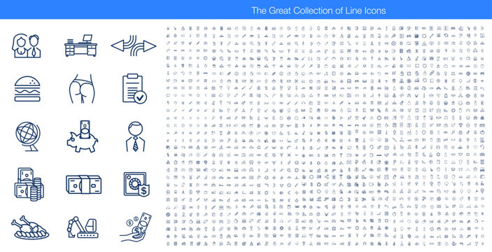 Line icon collection of business and everyday symbols for websites and mobile applications, outline vector pictograms for navigation menus and infographic design