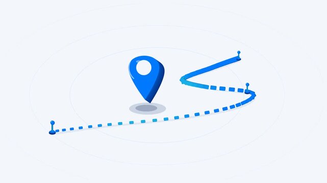 3D map route animation with blue navigation pin and dotted travel path tracking destination location