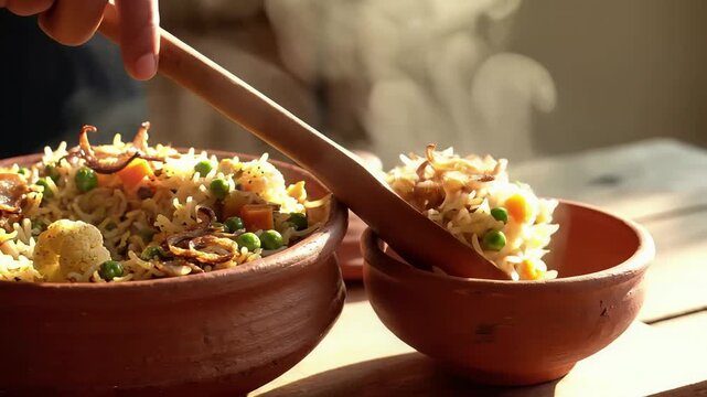 Steaming Vegetable Biryani Served from Traditional Indian Clay Pot