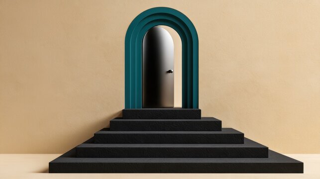 Minimal architectural arch entrance with teal layered frame and black stepped podium for modern design background and poster layout