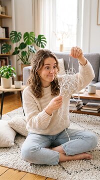 Young woman holding up a hopelessly tangled ball of wired headphones with a funny frustrated look