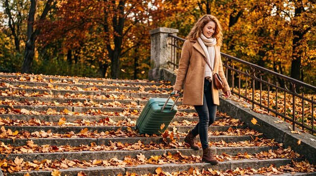 Woman with a wheeled suitcase walking down autumn stone steps covered in fallen leaves