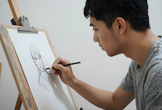 Creativity and artistic expression, young man drawing a portrait sketch on paper with a pencil on an easel in a studio for creative hobby and design