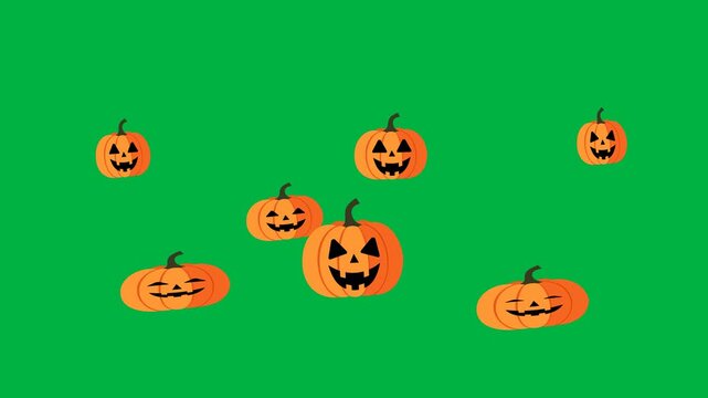 Animated Halloween pumpkins jumping and drifting on green screen background with funny spooky expressions. Seamless loop ideal for chroma key video editing and seasonal projects.