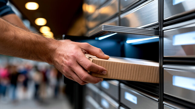 Person placing a cardboard box into a metal parcel locker