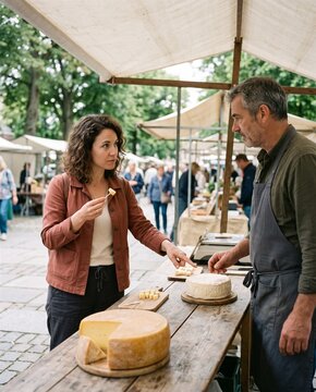 Woman tasting a sample of cheese at a rustic cheese stand at a farmers market