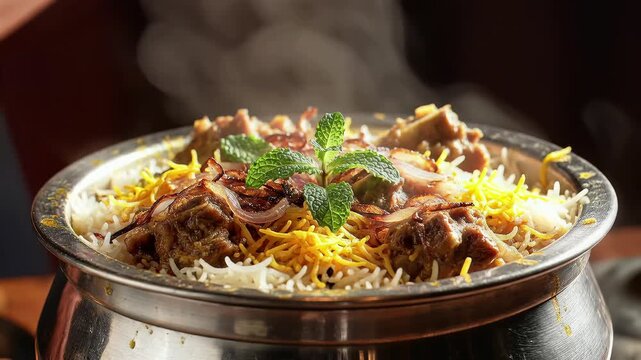 Authentic Indian Mutton Biryani with Basmati Rice and Fried Onions