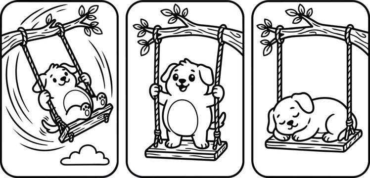 Three puppies on a tree swing in playful, standing, and sleeping poses, framed as black and white line art panels