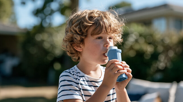 Curly haired boy using blue plastic spacer device with metered dose inhaler to manage exercise induced asthma triggered by outdoor allergens, pediatric respiratory health,