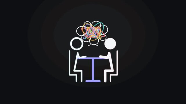 Mental disorder and psychological confusion concept animation with two people talking at a table illustrating anxiety, stress, miscommunication, and overthinking