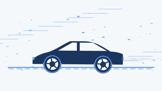 Blue flat car driving fast on road animation loop motion background, vehicle automobile