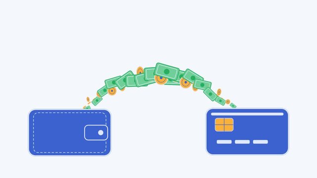 Animated money transfer from wallet to credit card concept, online banking and digital payment process
