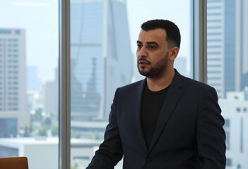 Fototapeta premium Corporate leadership and professional communication, businessman speaking in a modern office with city skyline view during a business meeting