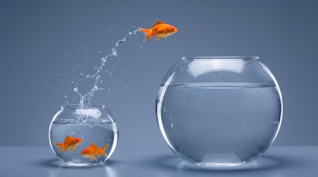 Goldfish jumping out of a small bowl into a larger fish bowl on a blue surface with career advancement moving forward water splash goldfish improvement motivation