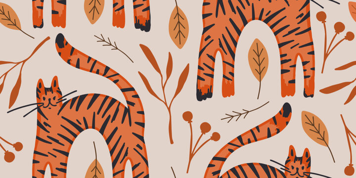 Hand-Drawn Stylized Tiger and Botanical Pattern Background